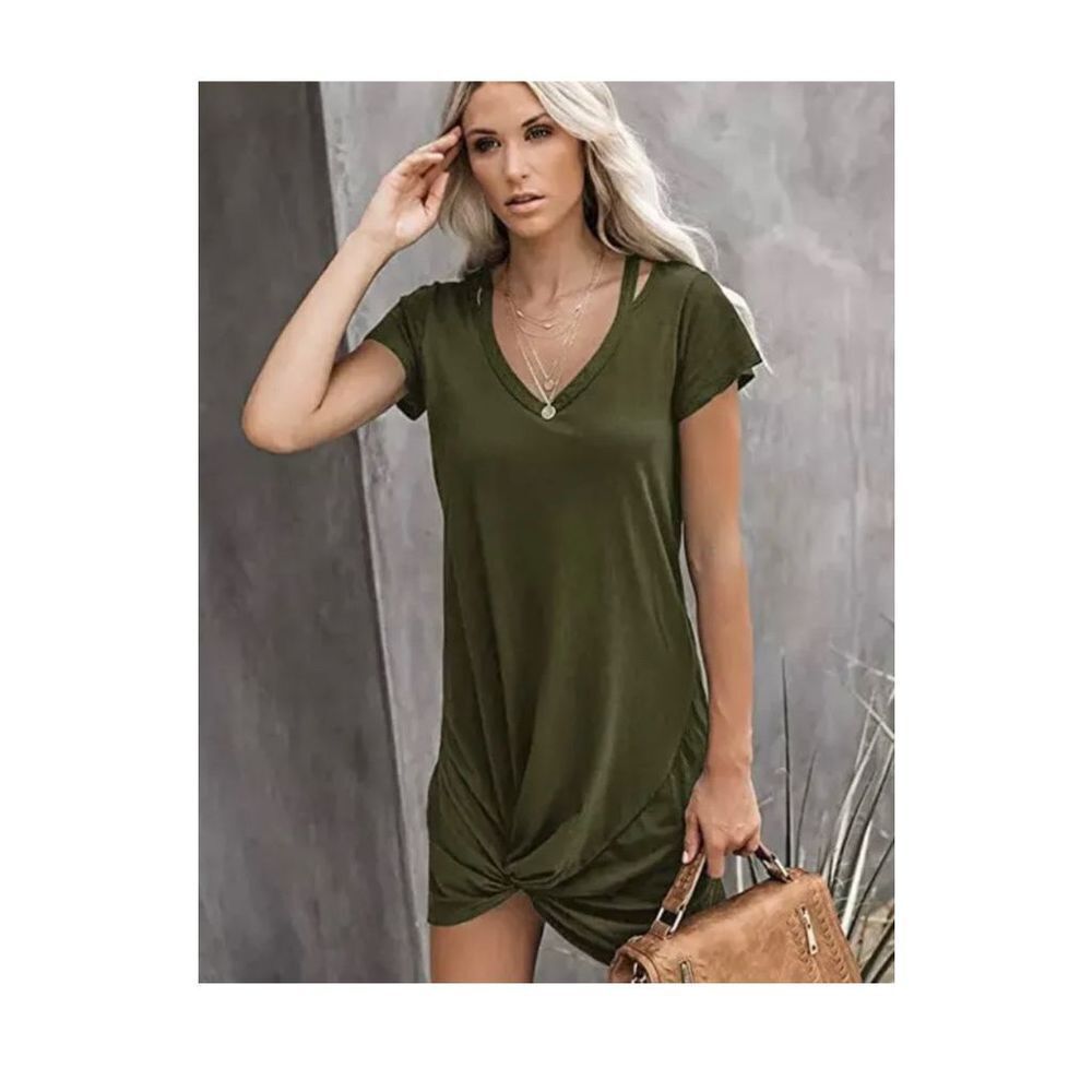 Berryou Women's Size 2XL Army Green‎ Short Sleeve V-Neck & Front Knot Dress